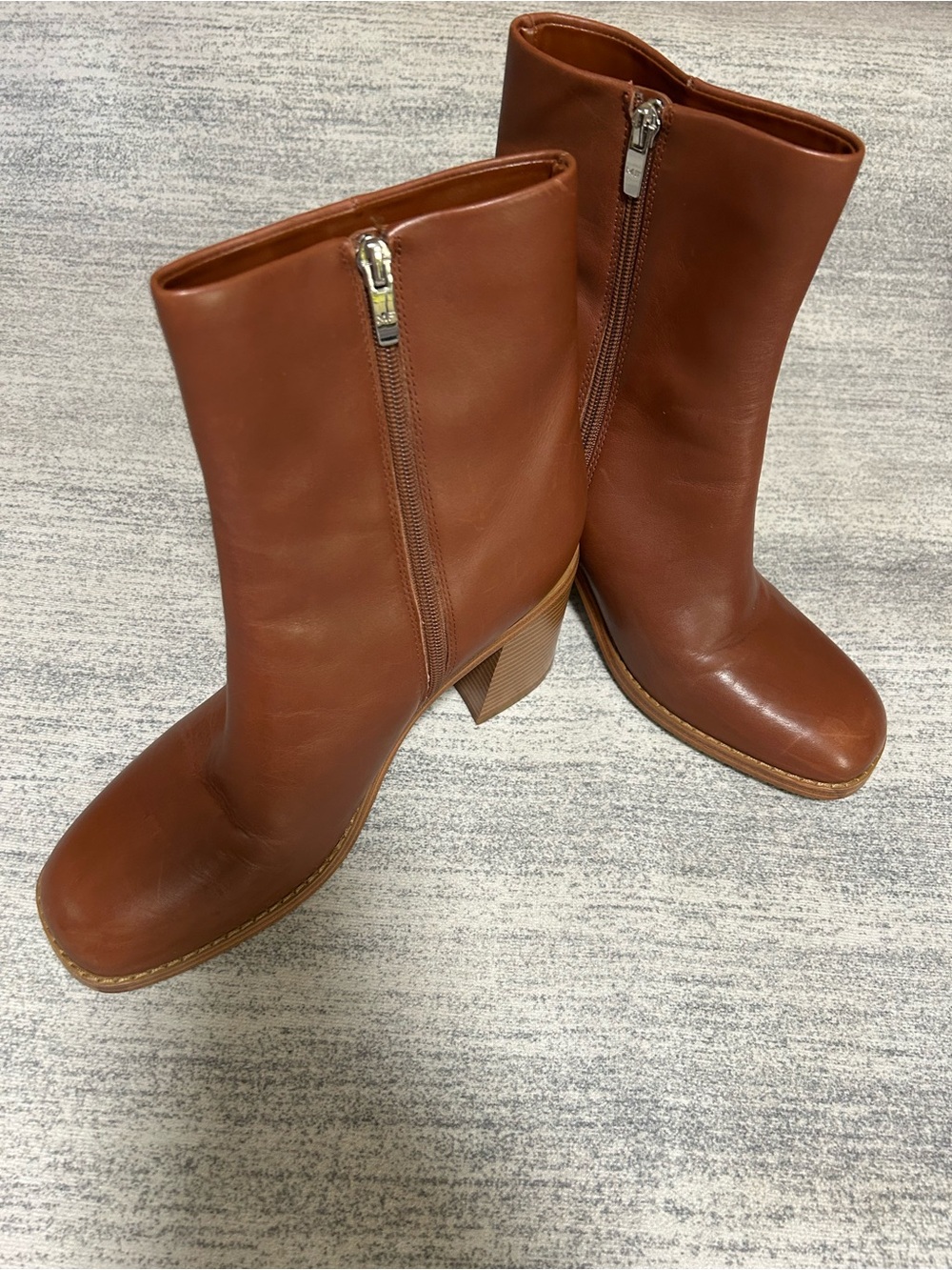 Marc Fisher Cognac Leather Ankle Booties with Stacked Heel